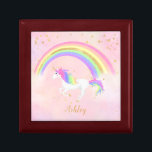 Unicorn theme jewellery box | Magical Pink & Gold<br><div class="desc">Unicorn jewlery box with magical blue,  gold glitter and rainbow colours! Text in gold with a rainbow unicorn against a soft pastel pink background.   Perfect for your unicorn lover!  Change the background colour if you like!</div>