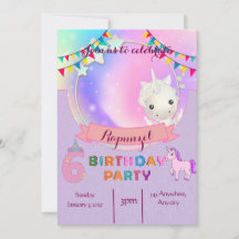 Unicorn-Themed 6th Birthday Party Invitation Card