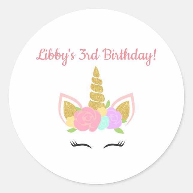 Unicorn Themed Birthday Party Sticker Round (Front)