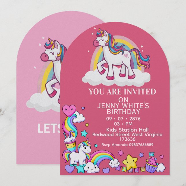 Unicorn Themed Girl Birthday Invitation  (Front/Back)
