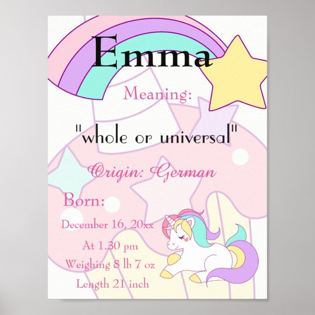 Unicorn themed Name meaning keepsake nursery Poster (Front)