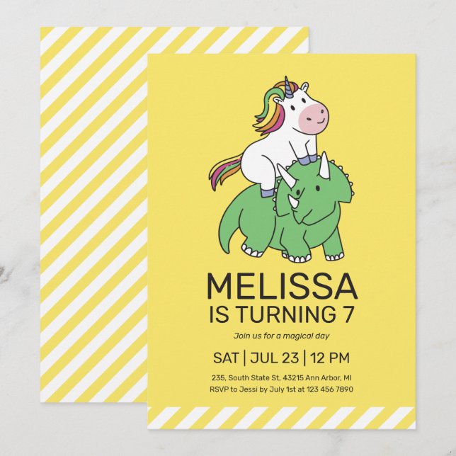 Unicorn Triceratops Dinosaur Yellow Kids Birthday Invitation (Front/Back)