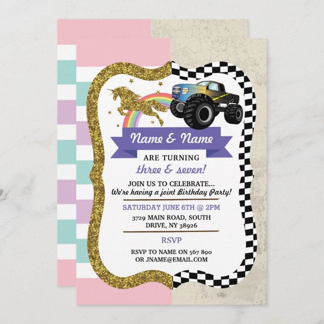 Unicorn & Truck Joint Boy Girl Birthday Invites (Front/Back)