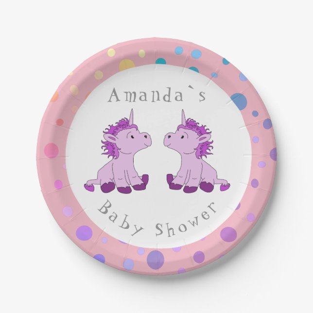 Unicorn Twin Girl Baby Shower Party Paper Plate (Front)