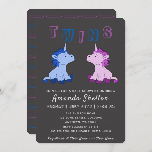 Unicorn Twins Baby Shower Invitation Card (Front/Back)
