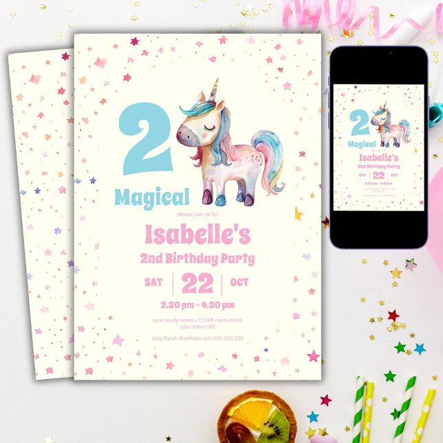 Unicorn Two Magical 2nd  Birthday Party Invitation (Creator Uploaded)