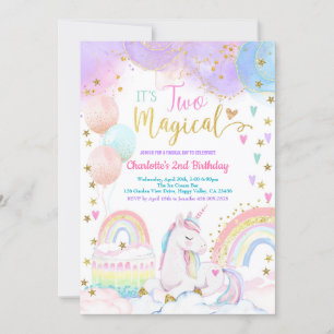 Unicorn Two Magical 2nd Birthday Party Pastel Invitation