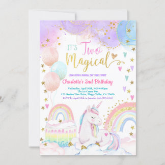 Unicorn Two Magical 2nd Birthday Party Pastel Invitation