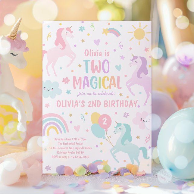 Unicorn Two Magical Pastel Rainbow 2nd Birthday Invitation (Creator Uploaded)