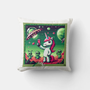 Unicorn UFO Selfie: Square Land (Pixel Art) #1 Cushion