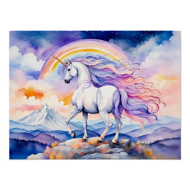 Unicorn Under Soft Pastel Rainbow Clouds Poster (Front)