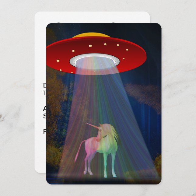Unicorn Under UFO Rainbow Beam at Night, ZKoA Invitation (Front/Back)