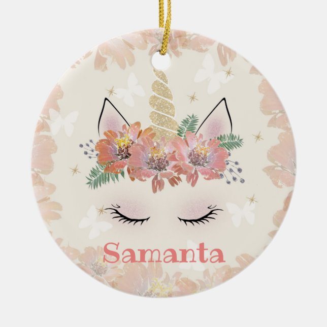Unicorn, Unicorn Face, personalised Ceramic Tree Decoration (Front)