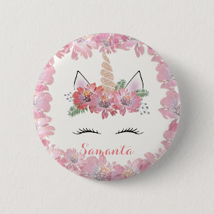 Unicorn, Unicorn Face, personalised, girly, floral 6 Cm Round Badge