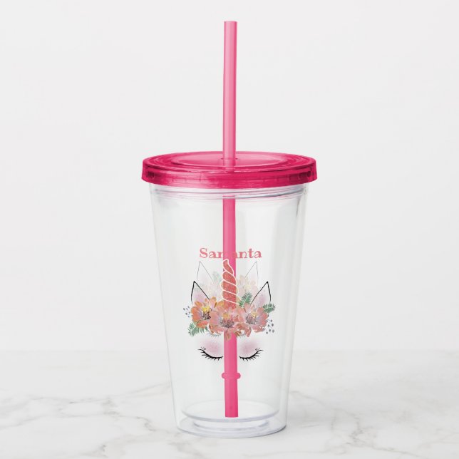 Unicorn, Unicorn Face, personalised, girly, floral Acrylic Tumbler (Front)