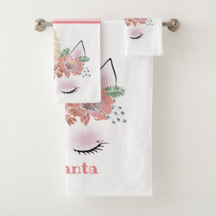 Unicorn, Unicorn Face, personalised, girly, floral Bath Towel Set