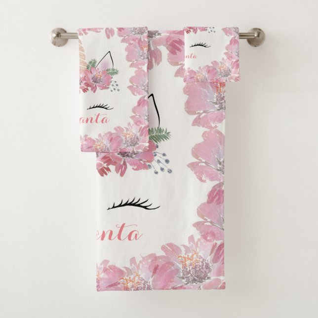 Unicorn, Unicorn Face, personalised, girly, floral Bath Towel Set (Insitu)