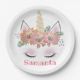Unicorn, Unicorn Face, personalised, girly, floral Paper Plate