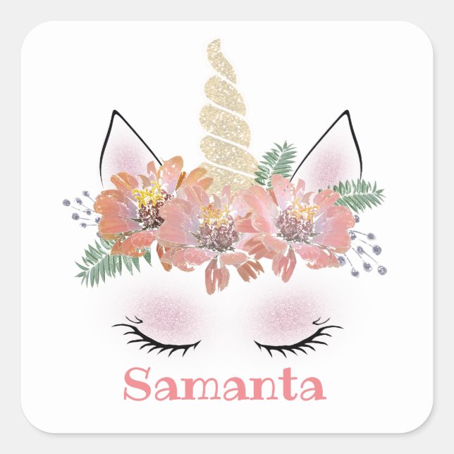 Unicorn, Unicorn Face, personalised, girly, floral Square Sticker (Front)