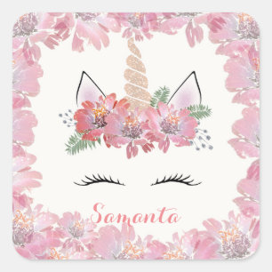 Unicorn, Unicorn Face, personalised, girly, floral Square Sticker