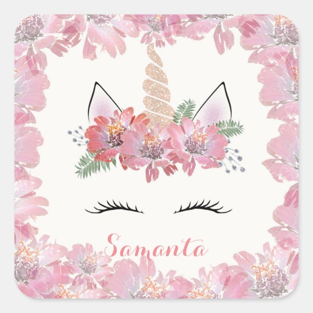 Unicorn, Unicorn Face, personalised, girly, floral Square Sticker (Front)