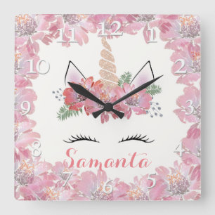 Unicorn, Unicorn Face, personalised, girly, floral Square Wall Clock
