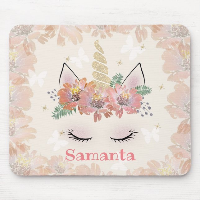 Unicorn, Unicorn Face, personalized, girly, floral Mouse Mat (Front)