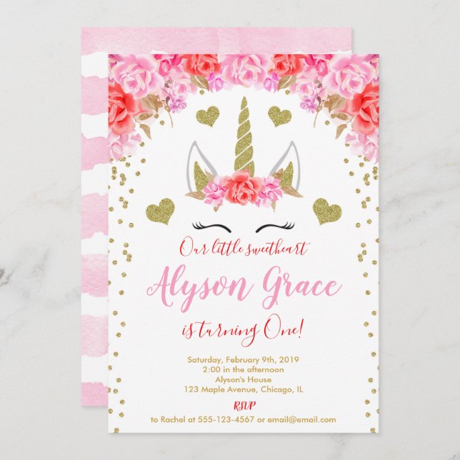 Unicorn Valentines day birthday pink red gold Invitation (Front/Back)
