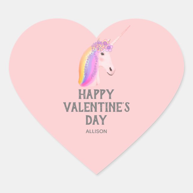 Unicorn Valentines Day Blush Pink Personalised Heart Sticker (Front)