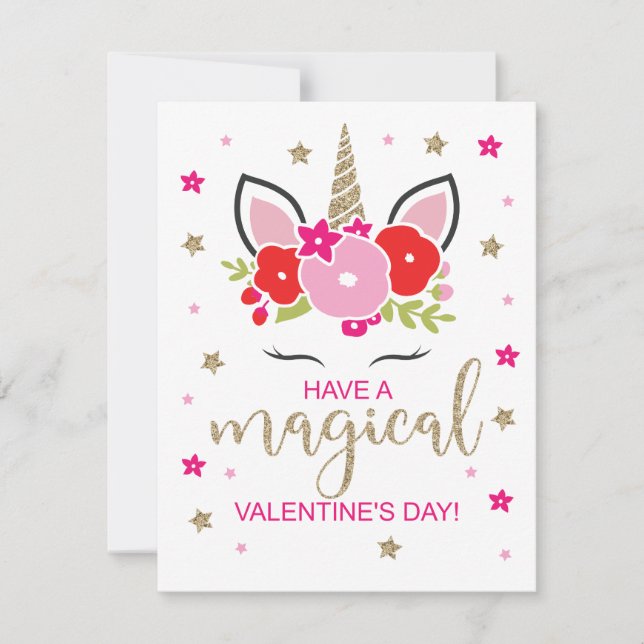 Unicorn Valentine's Day Card Gold Red and Pink (Front)
