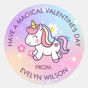 Unicorn Valentines Day Girls Kids Classmate School Classic Round Sticker