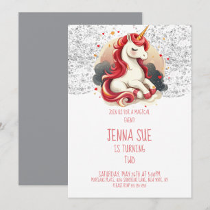Unicorn Valentines Pink Grey Sparkles Party Invitation