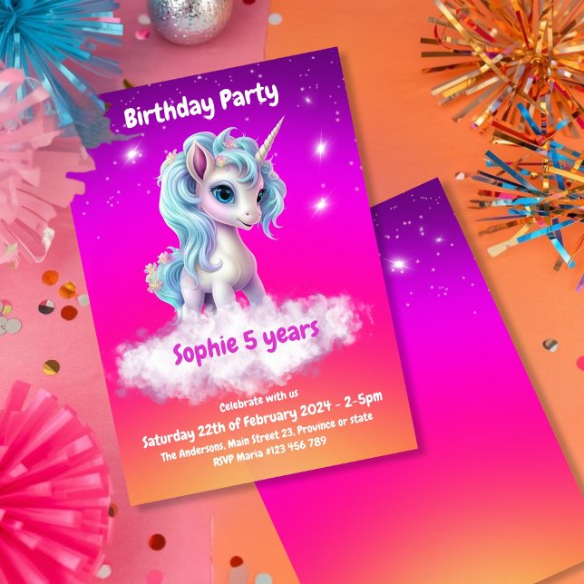 Unicorn Vibrant orange,pink,purple birthday party Invitation (Creator Uploaded)