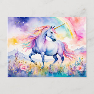 Unicorn Walking Beneath A Shimmering Rainbow Postcard
