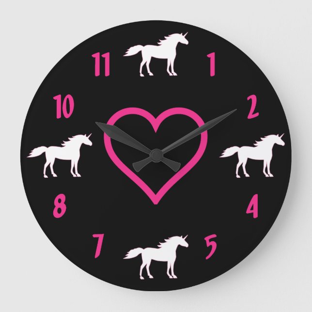 Unicorn Wall Clock ~ Hot Pink, Black and White (Front)