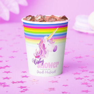 Unicorn watercolor and rainbow baby shower cups