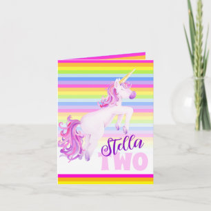 Unicorn watercolor art and rainbow 2nd birthday card