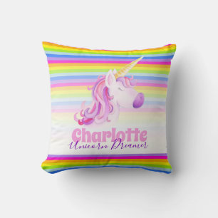 Unicorn watercolor art rainbow stripes name pillow