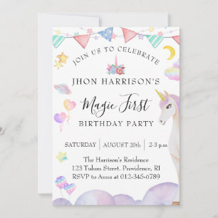 Unicorn Watercolor Birthday Party Invitation