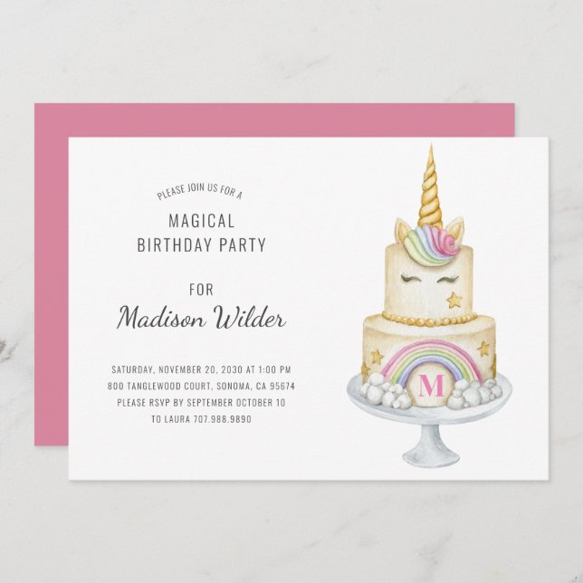 Unicorn Watercolor Cake Birthday Invitation (Front/Back)