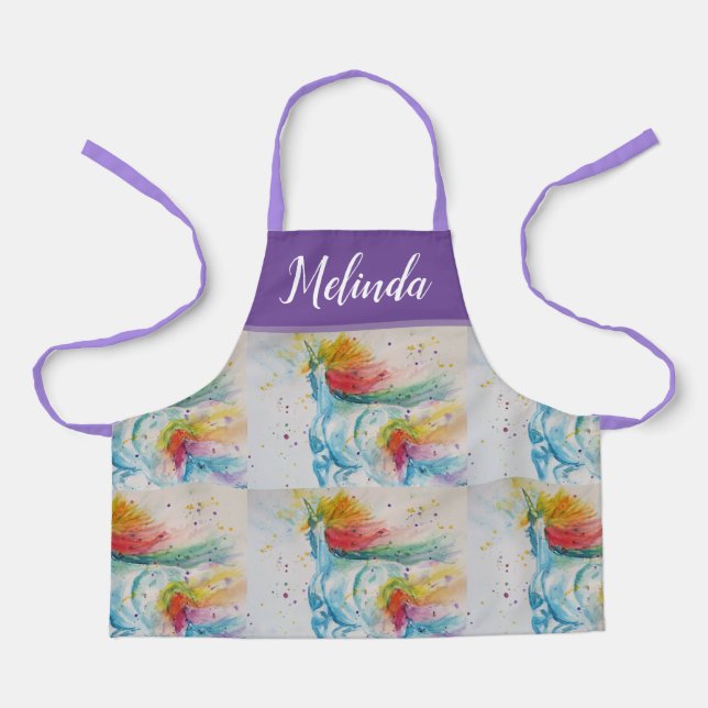 Unicorn Watercolor Painting Purple Girls Apron (Front)