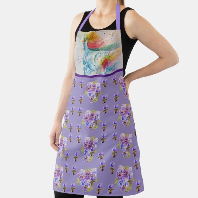 Unicorn Watercolor Painting Purple Womans Apron (Insitu)