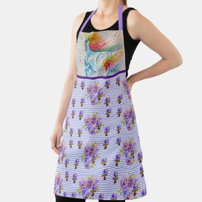 Unicorn Watercolor Painting Purple Womans Apron (Insitu)