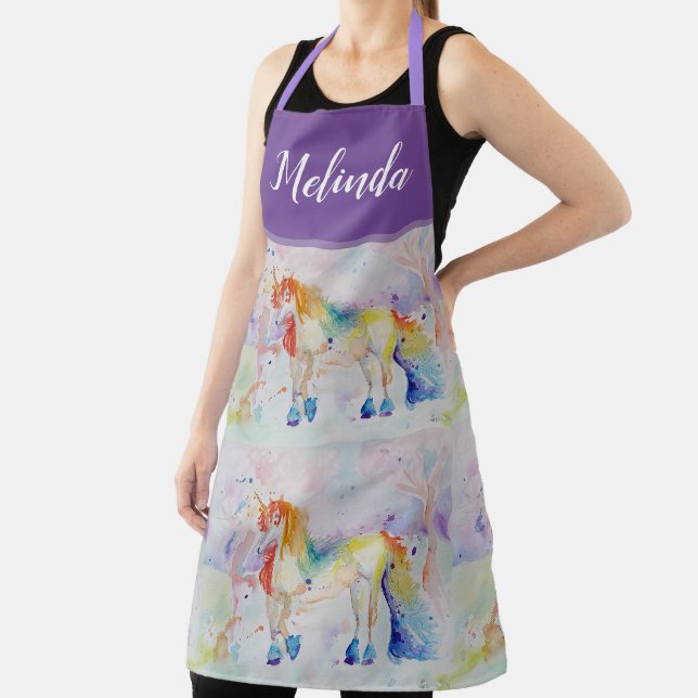 Unicorn Watercolor Painting Purple Womans Apron (Insitu)