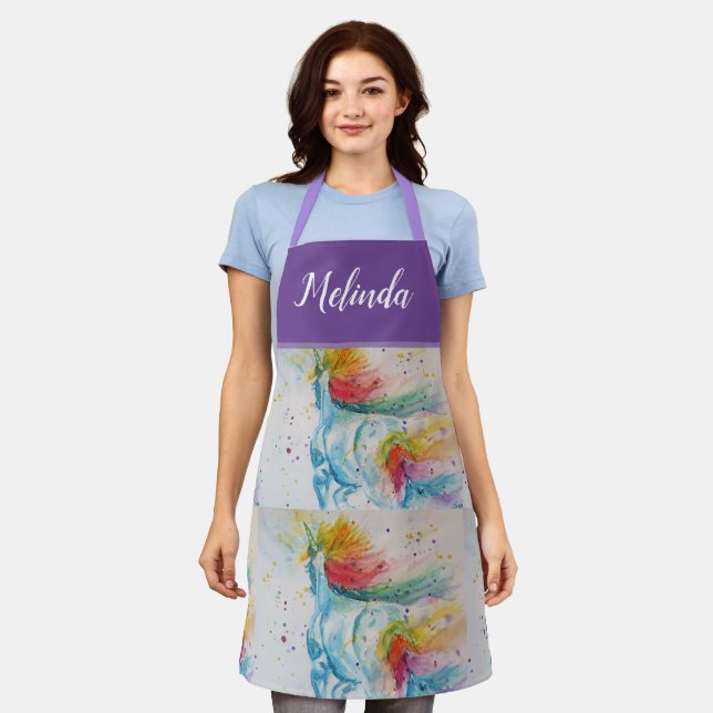 Unicorn Watercolor Painting Purple Womans Apron (Worn)
