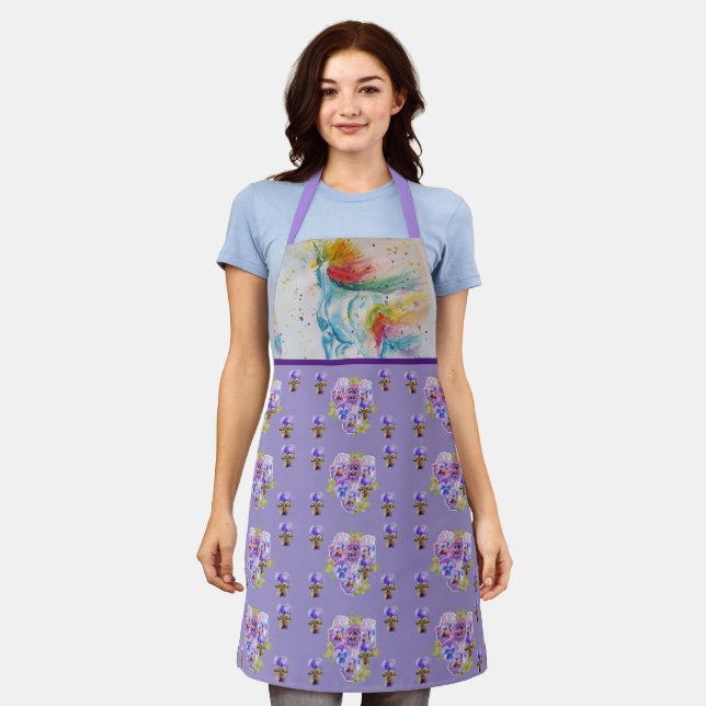 Unicorn Watercolor Painting Purple Womans Apron (Worn)