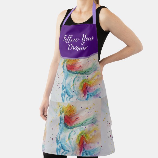 Unicorn Watercolor Painting Purple Womans Apron (Insitu)