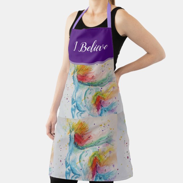 Unicorn Watercolor Painting Purple Womans Apron (Insitu)