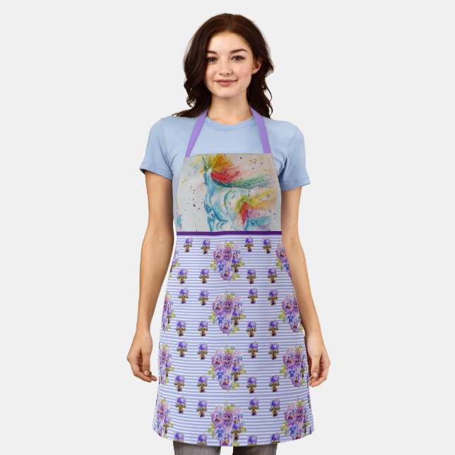 Unicorn Watercolor Painting Purple Womans Apron (Worn)