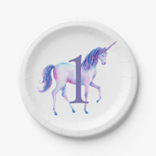 Unicorn Watercolor Personalised First Birthday Paper Plate